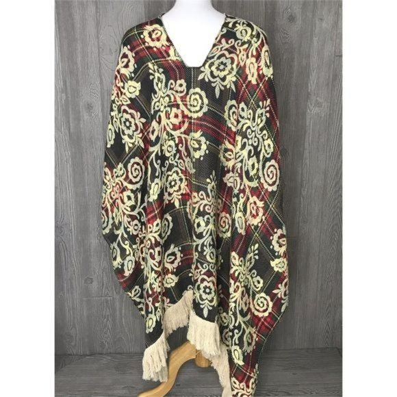 Oversized poncho floal scroll design fringe sweatshirt sweater xs - Picture 3 of 8